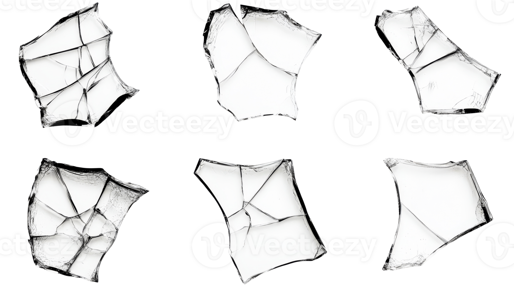 Broken glass shards, shattered pieces on black background, cut out transparent png