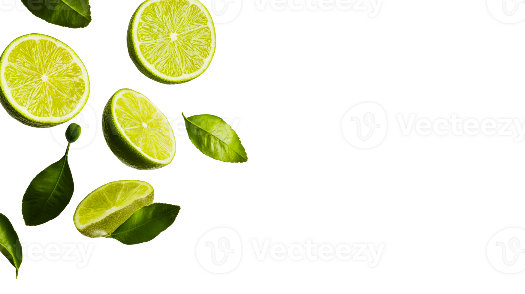 Fresh limes and leaves arrangement on black background, cut out transparent png