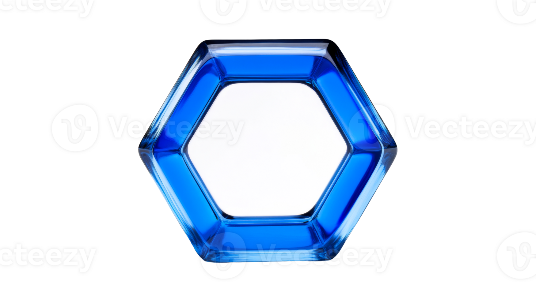 Hexagonal frame of blue glass, shiny texture, cut out transparent png