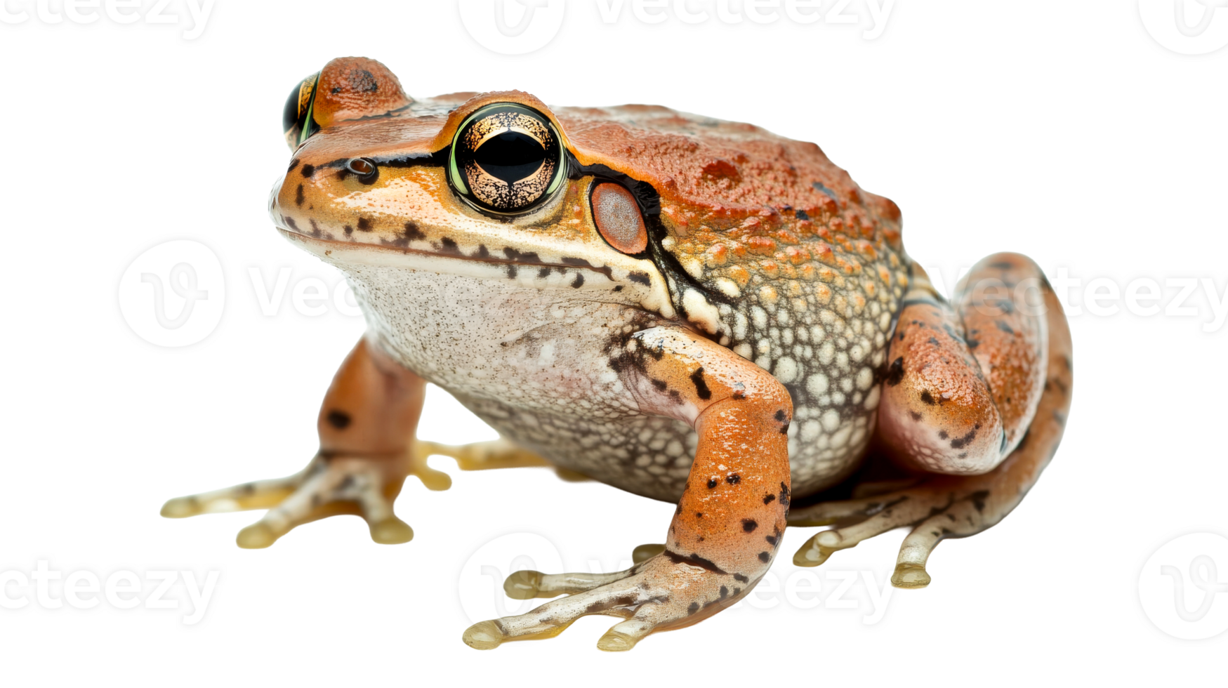 Orange spotted frog close up profile view, cut out transparent png