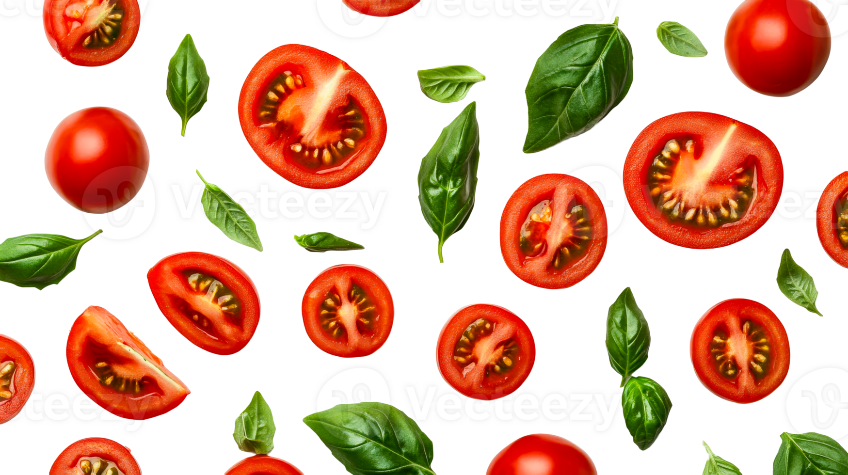 Tomato and basil pattern with a black background, cut out transparent png