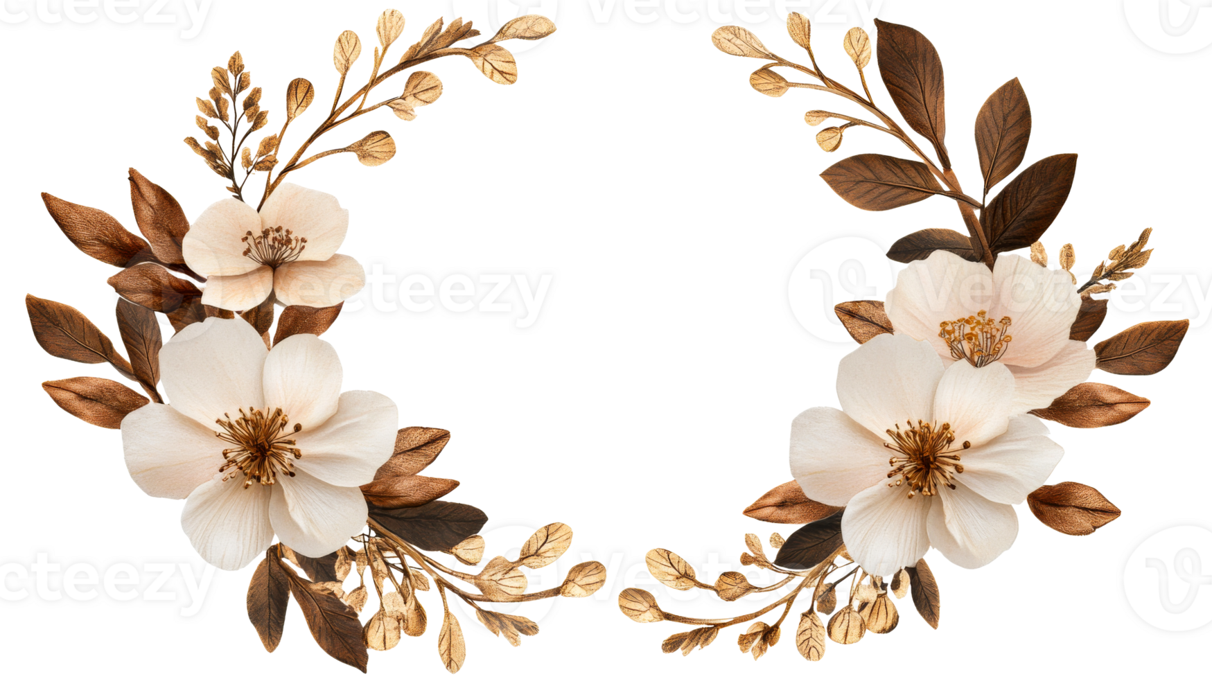 Floral frame with white flowers and golden branches, cut out transparent png