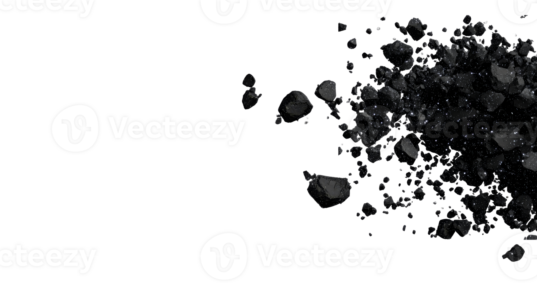 Black glossy stones in dark space, crystal fragments, cut out transparent png