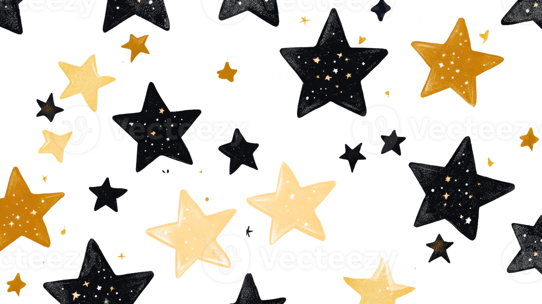 Starry night background with golden and black stars, cut out transparent png