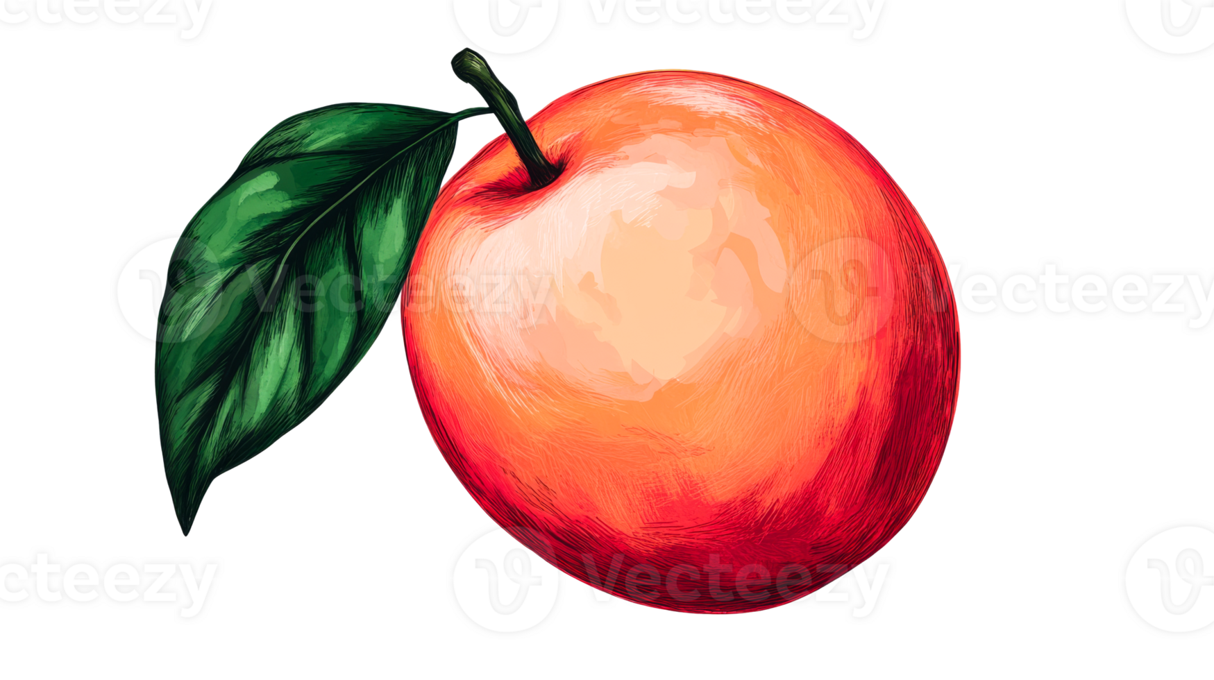 Illustration of an orange peach with a green leaf, cut out transparent png