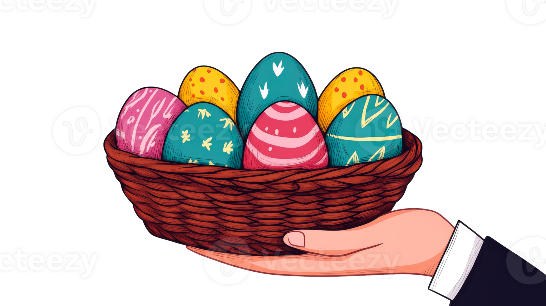 Hand holds basket with colorful patterned eggs, cut out transparent png