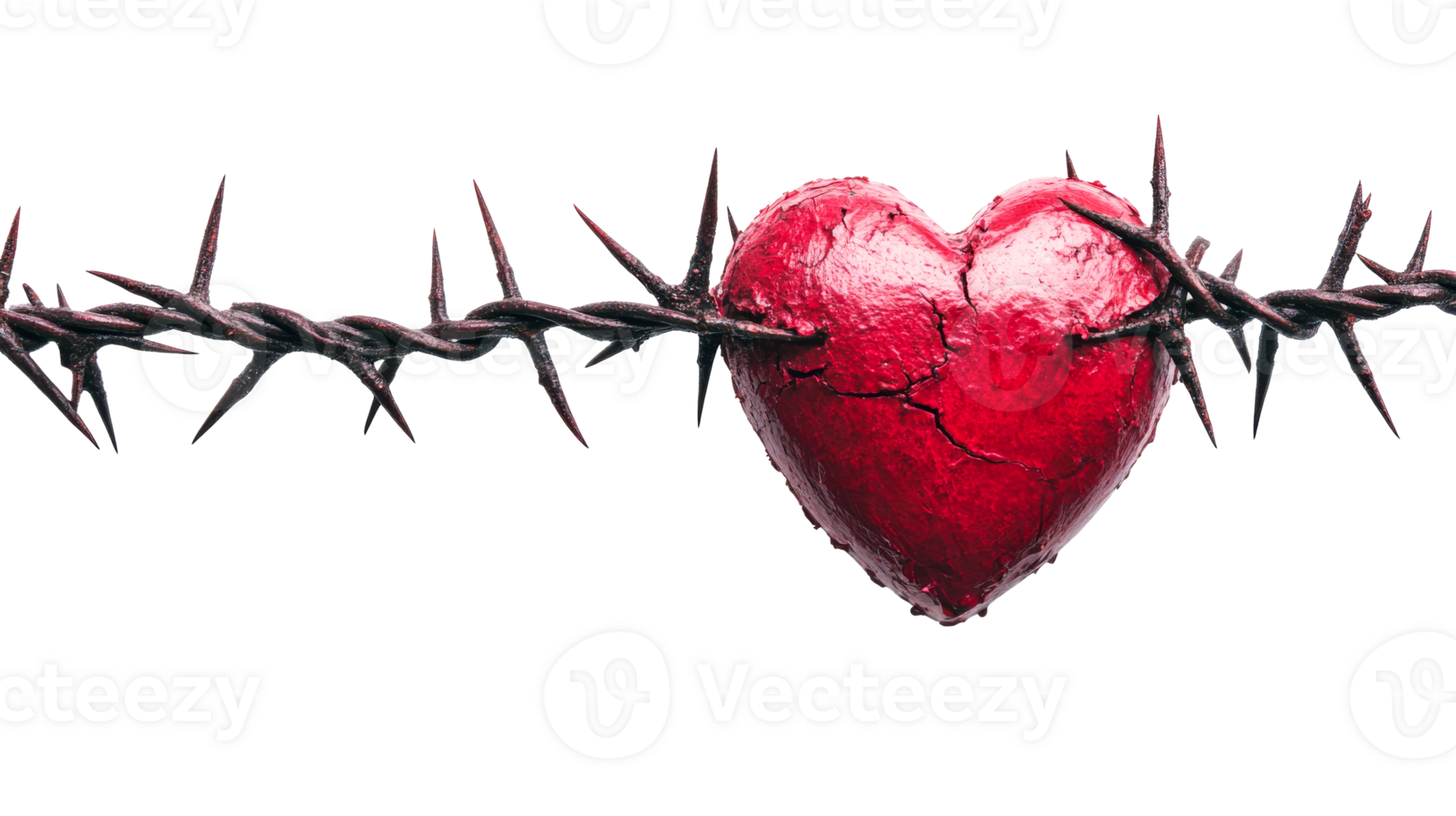Red heart pierced by barbed wire, symbol of emotional pain, cut out transparent png