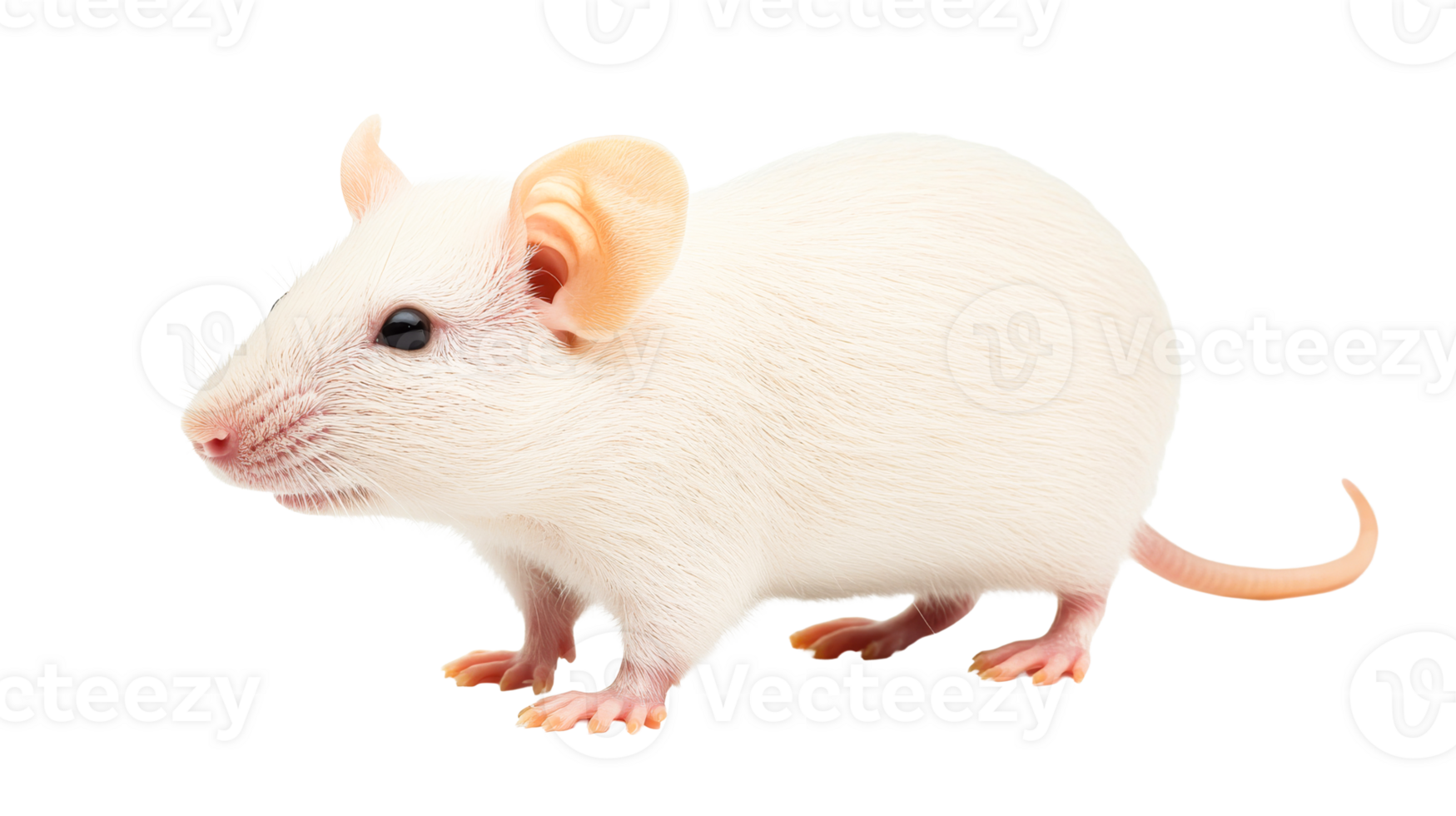 Side view of a white mouse with pink ears and tail, cut out transparent png