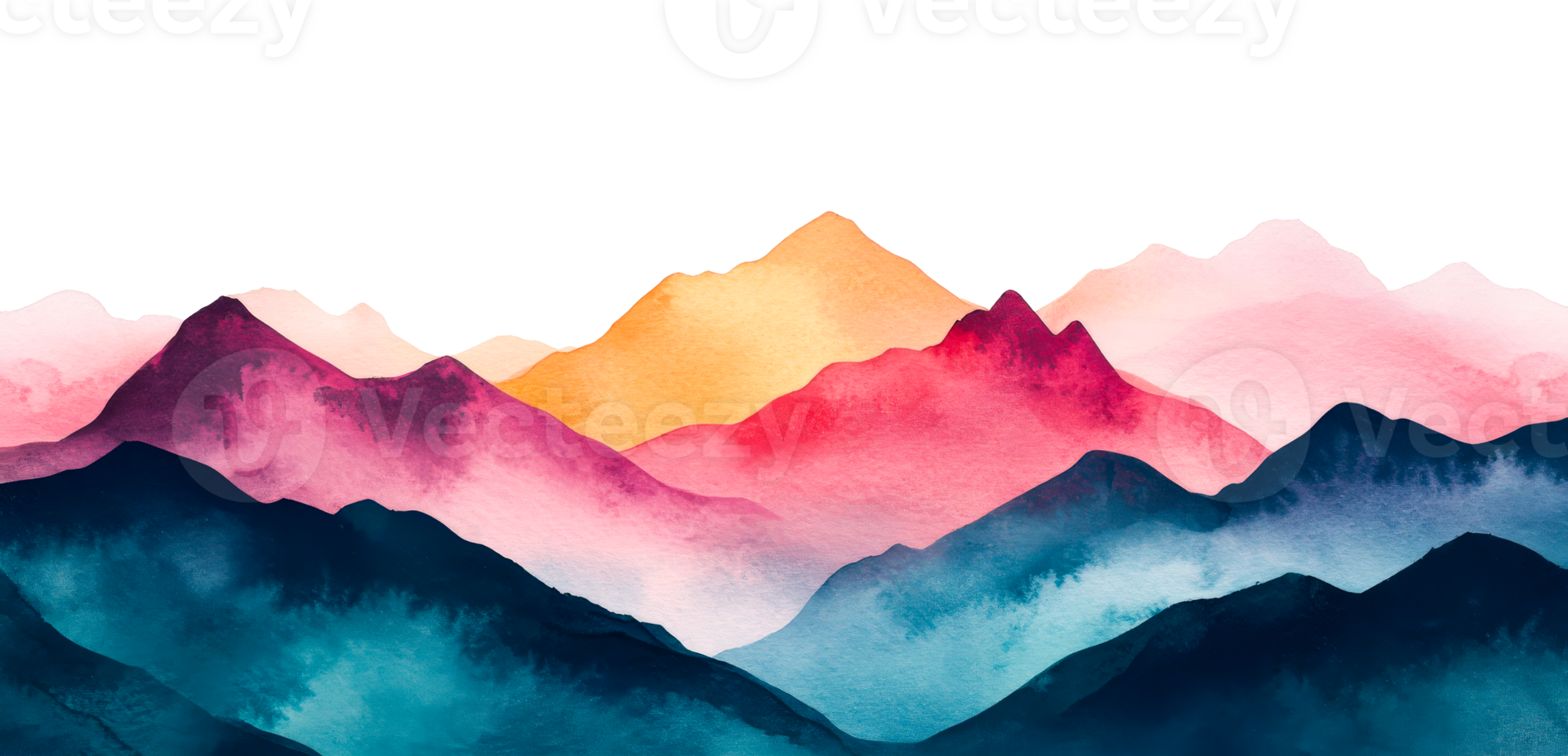 Watercolor mountain range landscape illustration in pink and blue colors, cut out transparent png