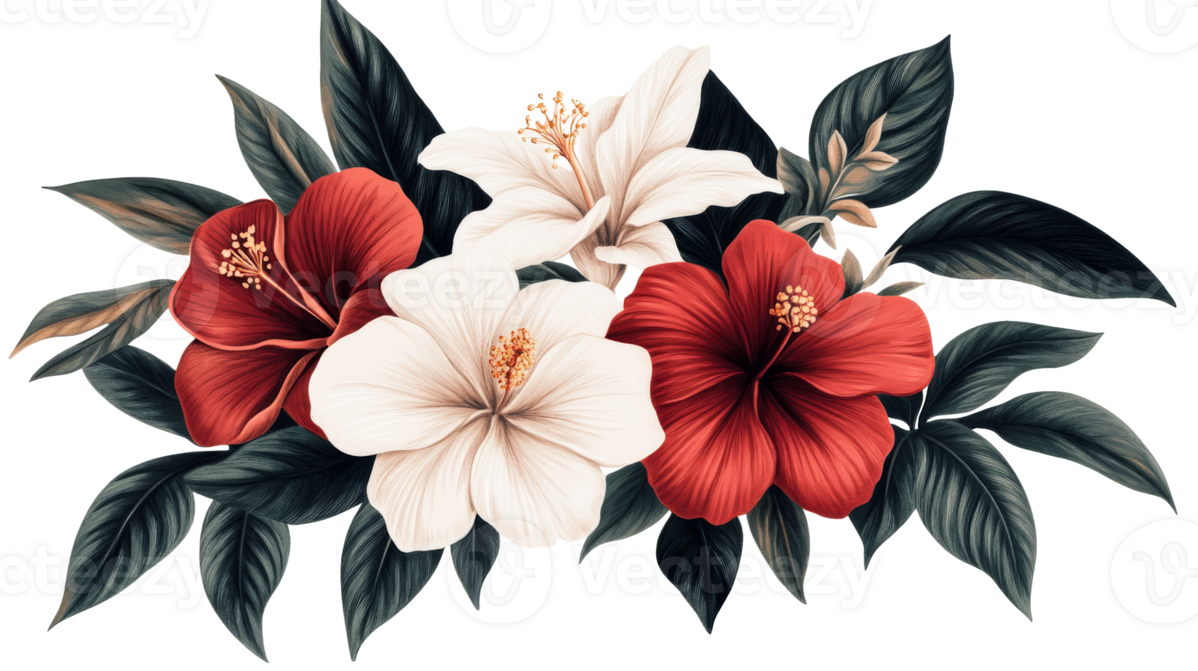 Hibiscus bloom arrangement with leaves in vivid colors, cut out transparent png