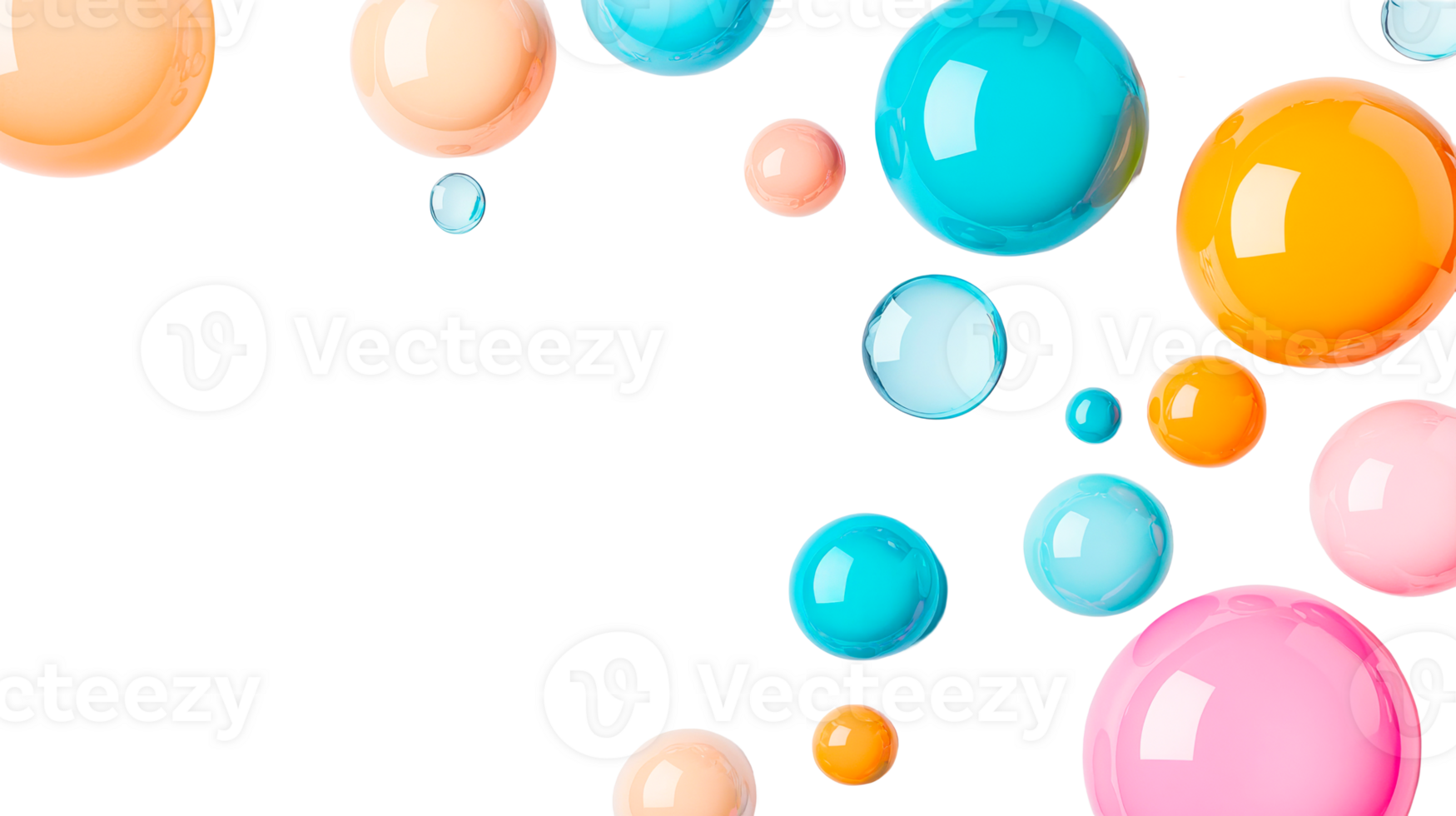 Vibrant colored spheres floating on black background, cut out transparent png