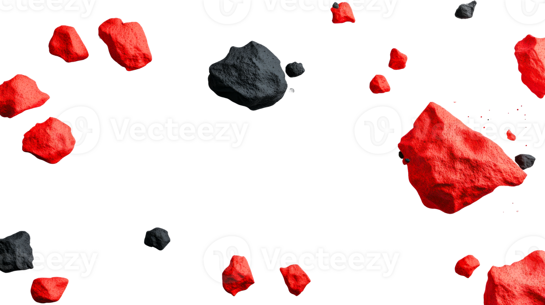 Asteroids in space, red and gray rocks floating, cut out transparent png