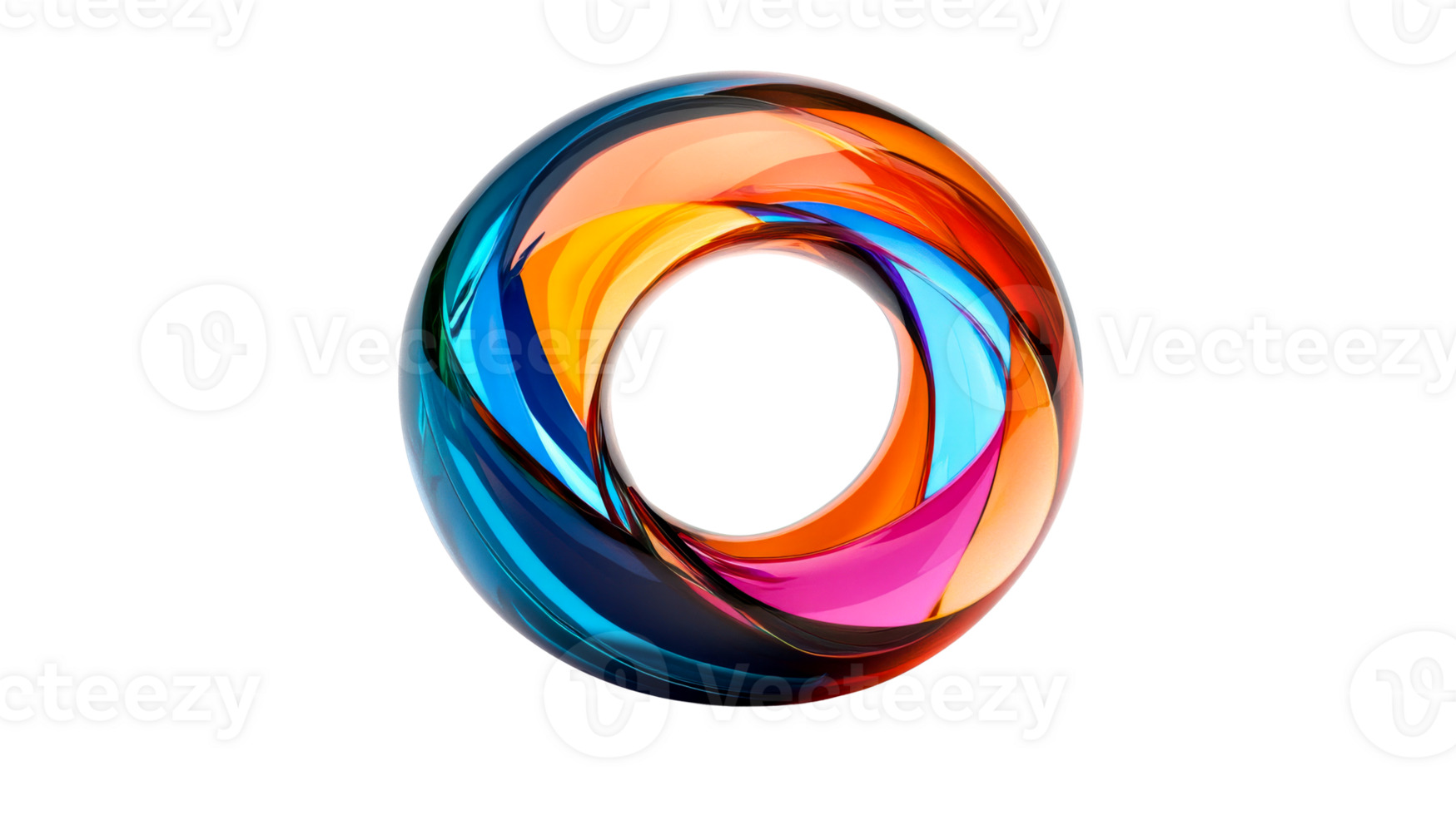 Abstract Colorful Glass Torus, Swirls of Color on Black, cut out transparent png