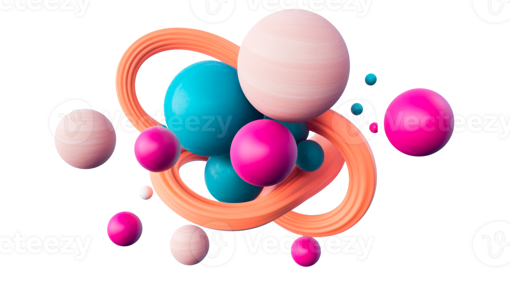 Abstract 3D render of spheres and torus, cut out transparent png