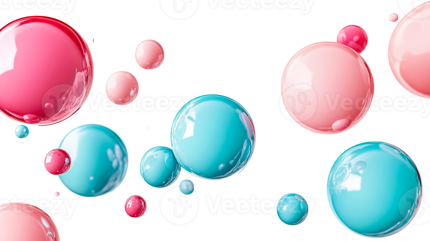 Pink and turquoise shiny spheres in 3d rendering, cut out transparent png