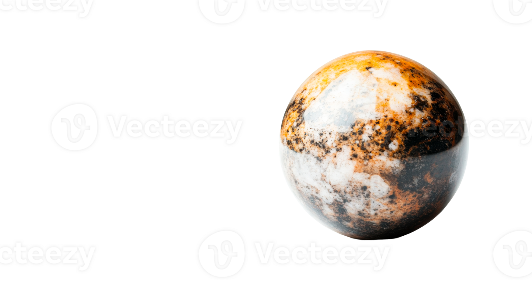Exotic orb with white and brown texture on black background, cut out transparent png