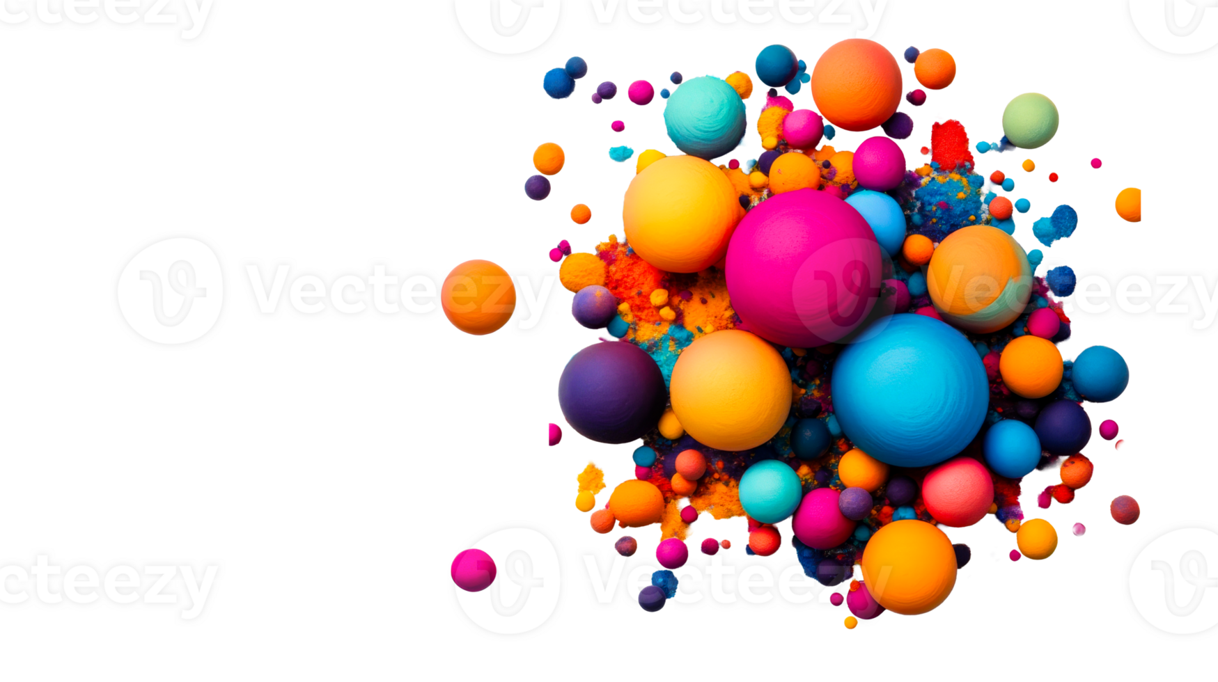 Abstract colorful spheres and particles floating in air, cut out transparent png
