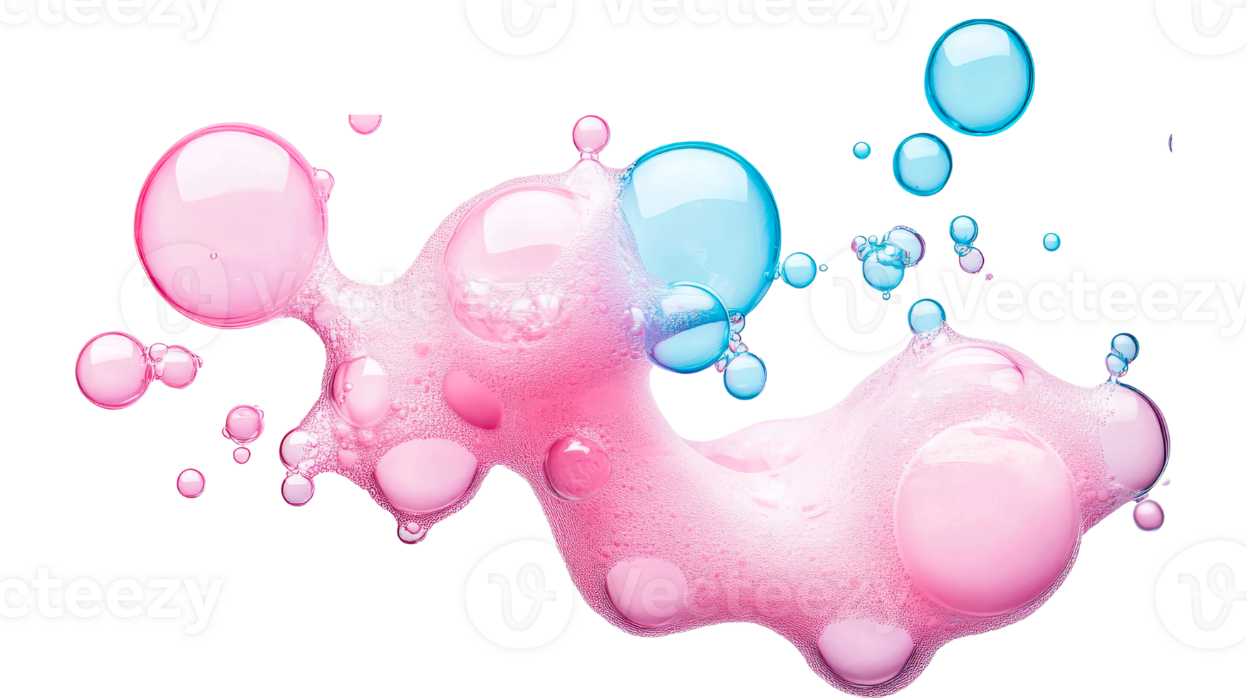 Pink, blue bubbles on black background, abstract liquid structure, cut out transparent png