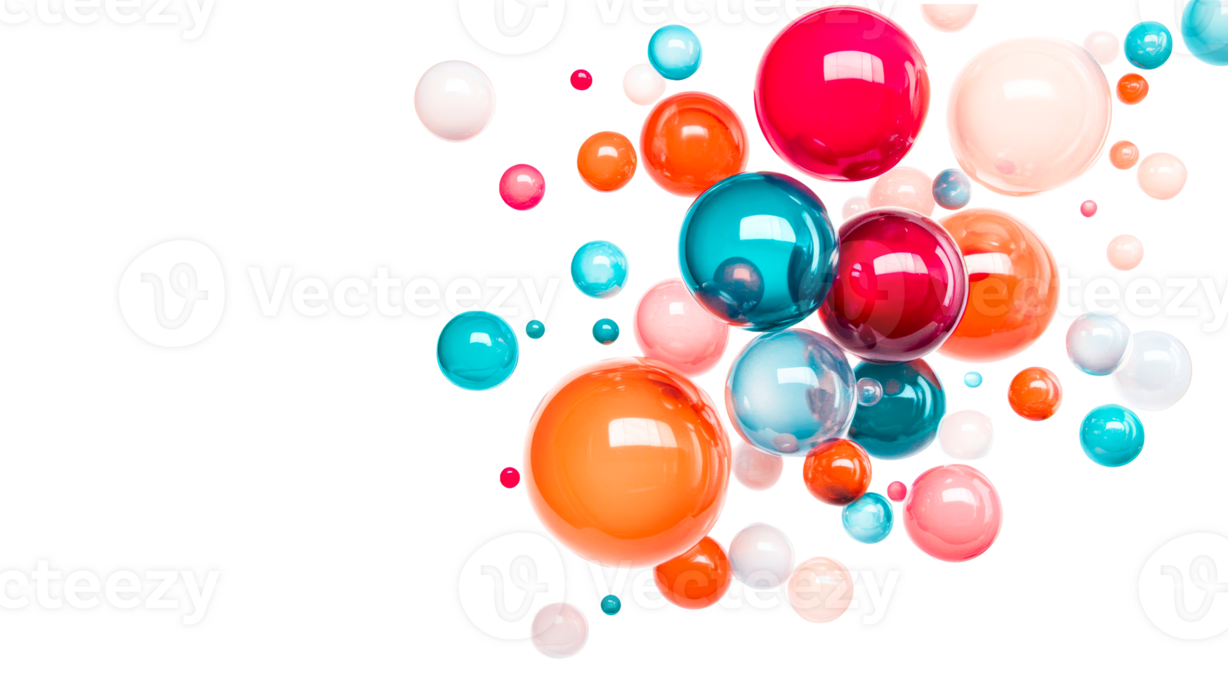 Glossy multicolored bubbles float in black void, cut out transparent png