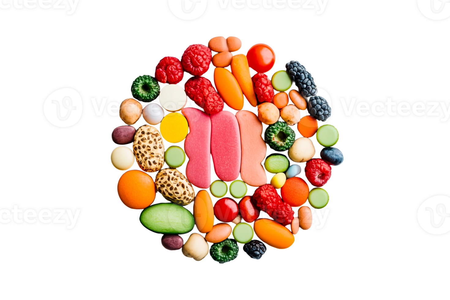 Food circle of candy, fruit, gummy, and snacks assortment, cut out transparent png