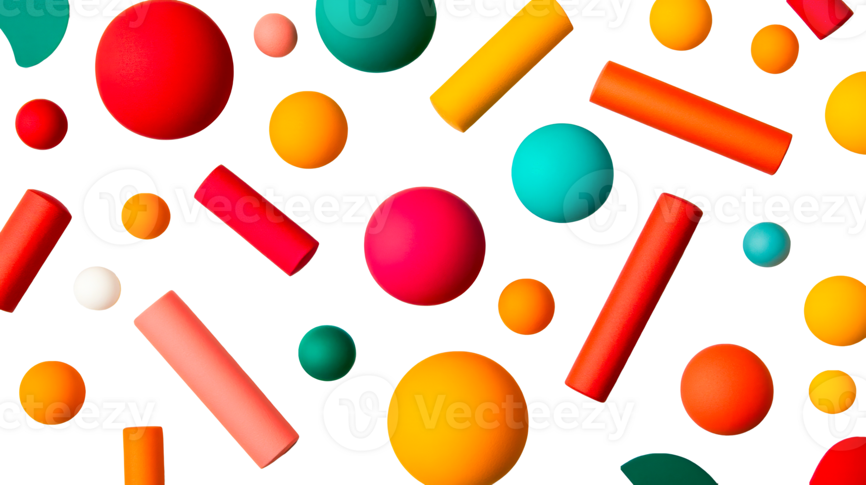 Geometric pattern of spheres and cylinders on black background, cut out transparent png