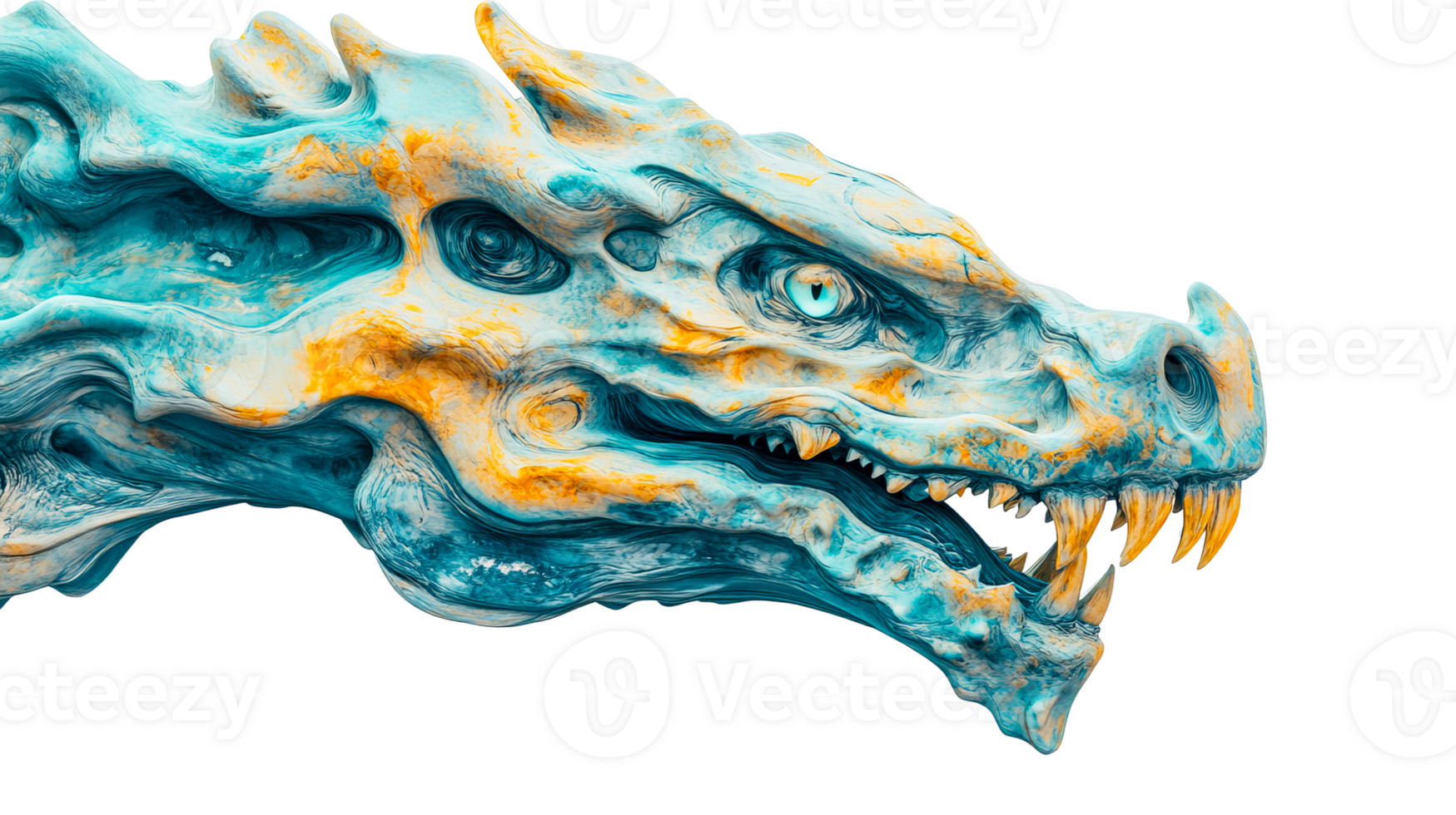 Detailed turquoise and gold dragon head with sharp teeth, cut out transparent png
