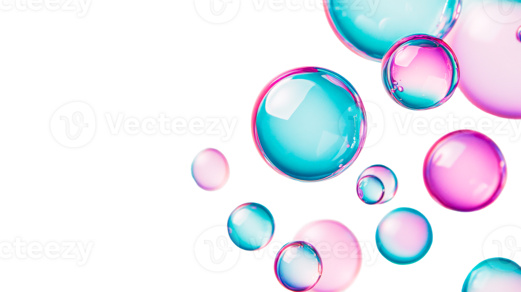 Colorful iridescent soap bubbles, floating against black background, cut out transparent png