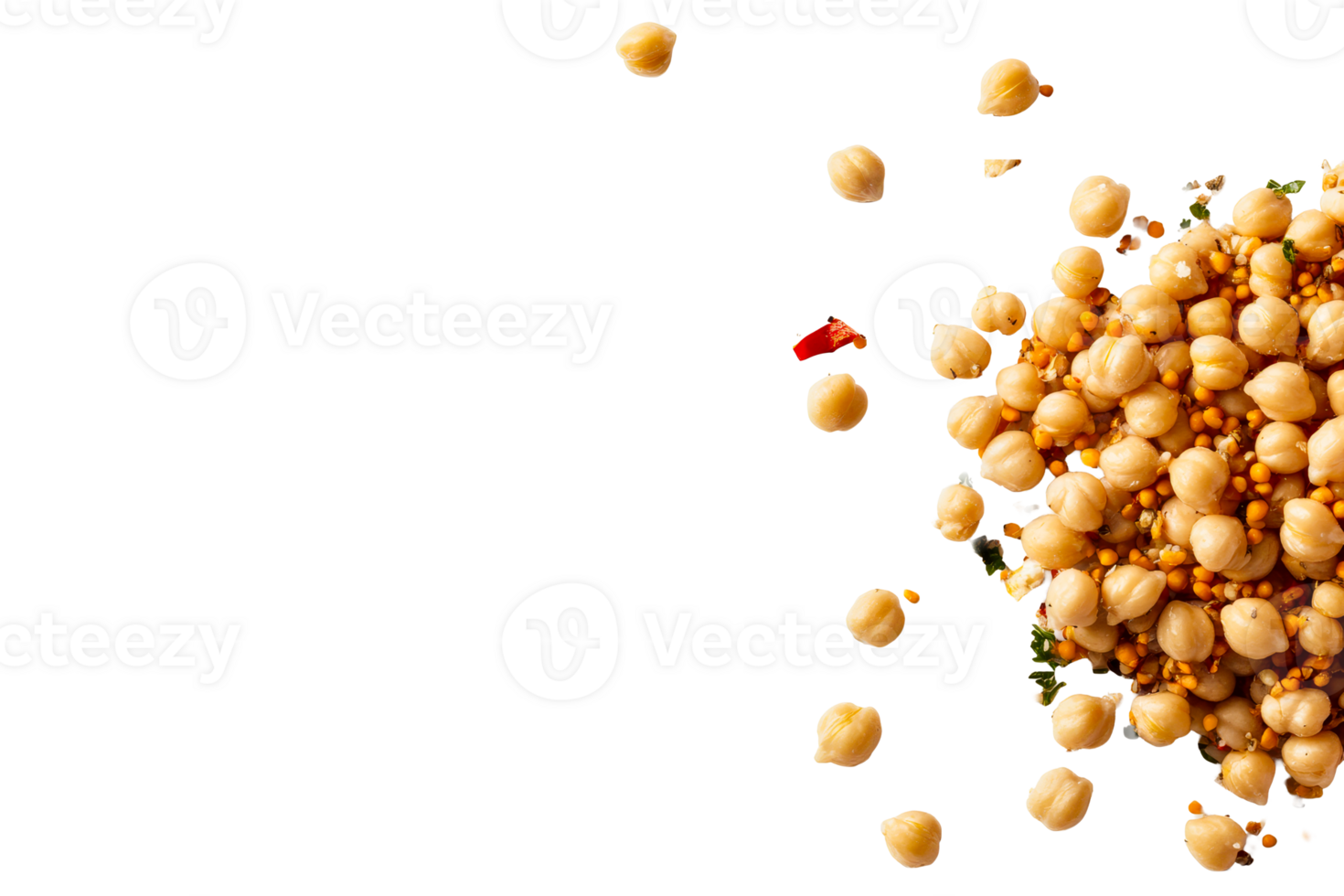 Chickpeas and grains, cooked and seasoned, falling, isolated, cut out transparent png