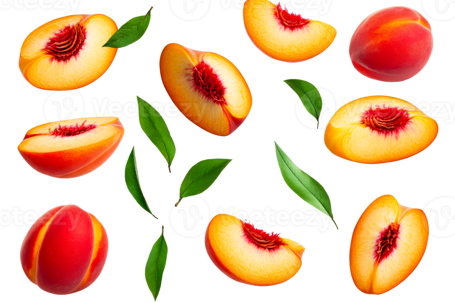 Ripe peaches and leaves arranged, isolated, colorful, fresh, juicy, cut out transparent png