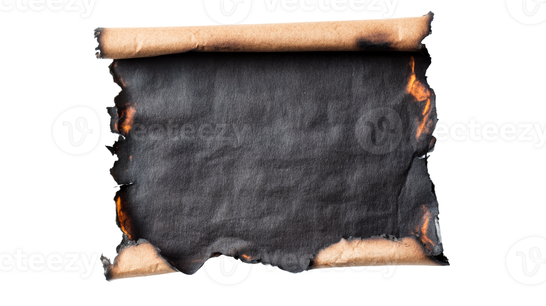 Burnt scroll parchment design, rolled paper texture, charred edges, cut out transparent png