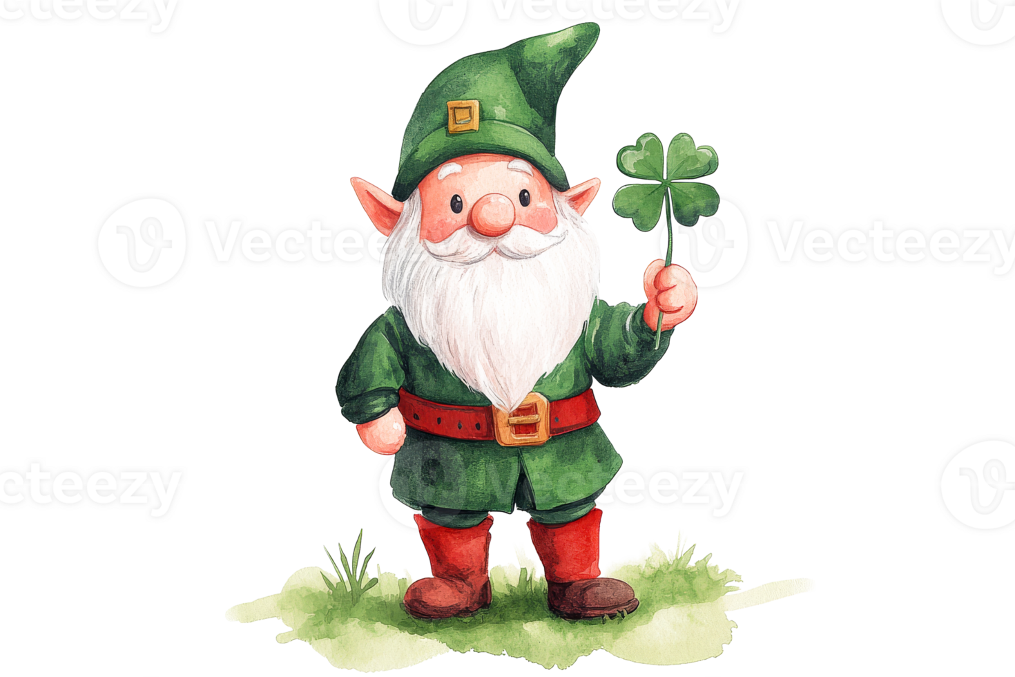 Watercolor St. Patrick's Day Gnome with Four Leaf Clover, cut out transparent png