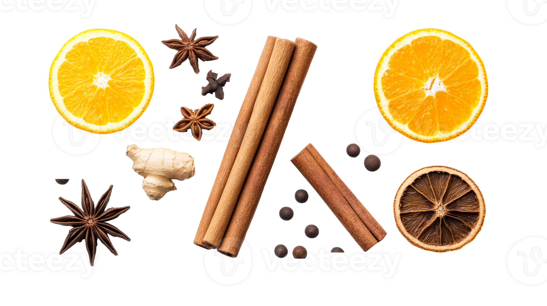 Mulled wine ingredients arrangement, isolated background, cut out transparent png
