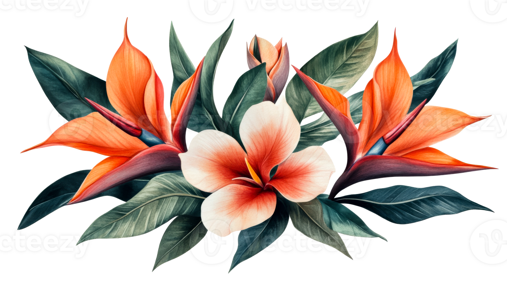 Tropical floral arrangement with exotic flowers and leaves, cut out transparent png