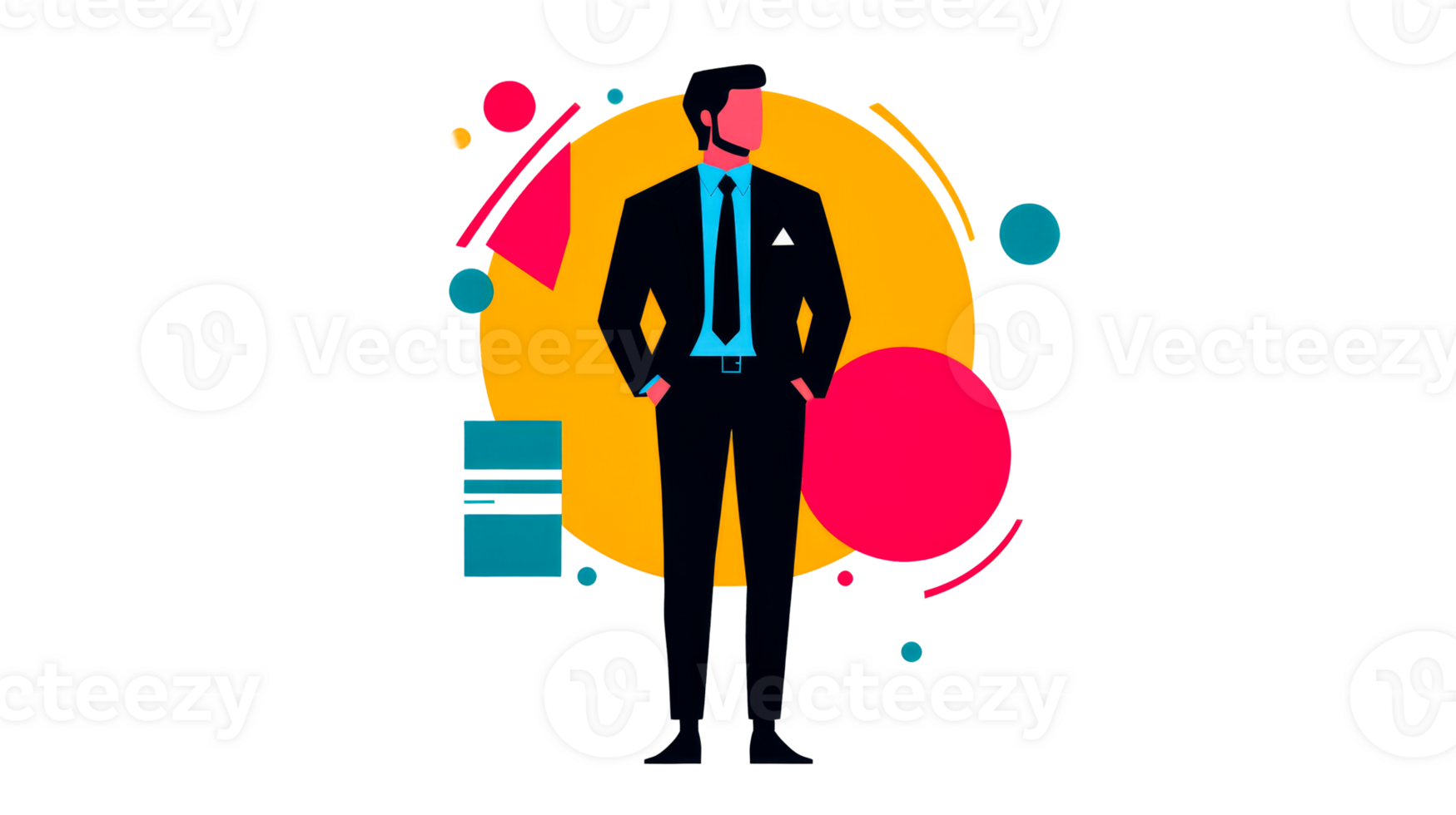Businessman standing confidently with vibrant abstract design behind png