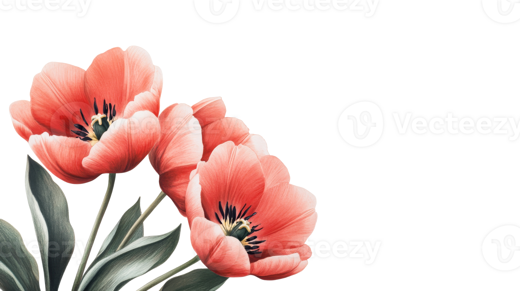 Pink tulips with green leaves on a transparent background png