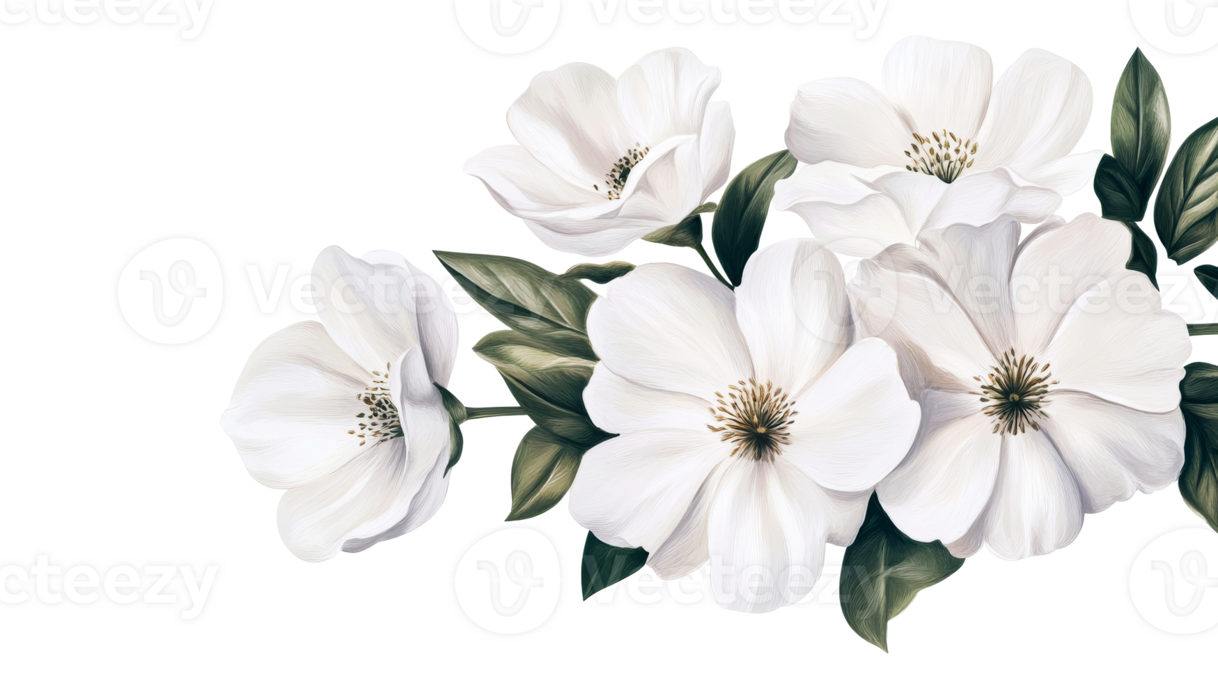 Delicate white flowers with green leaves on a transparent background png