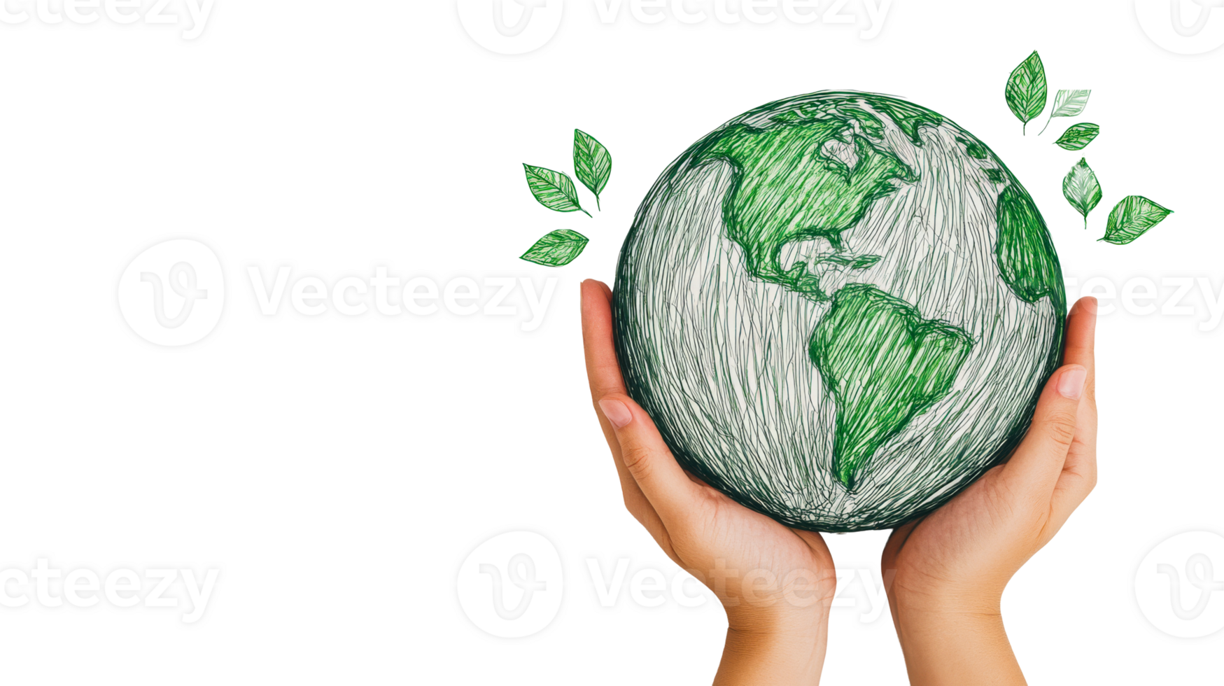 Hands holding a green earth with leaves on a transparent background png