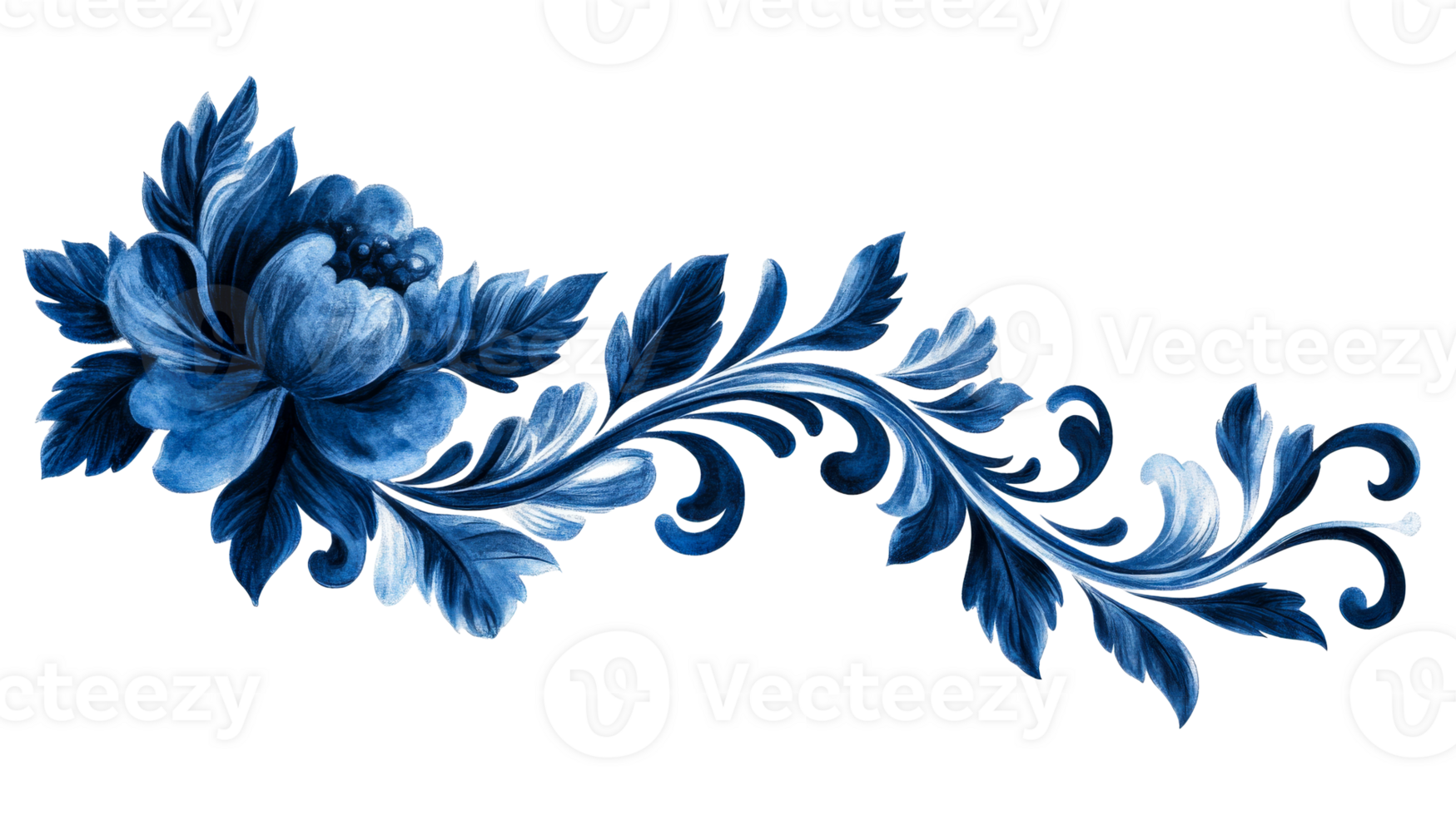 Floral design with intricate blue patterns on transparent background png