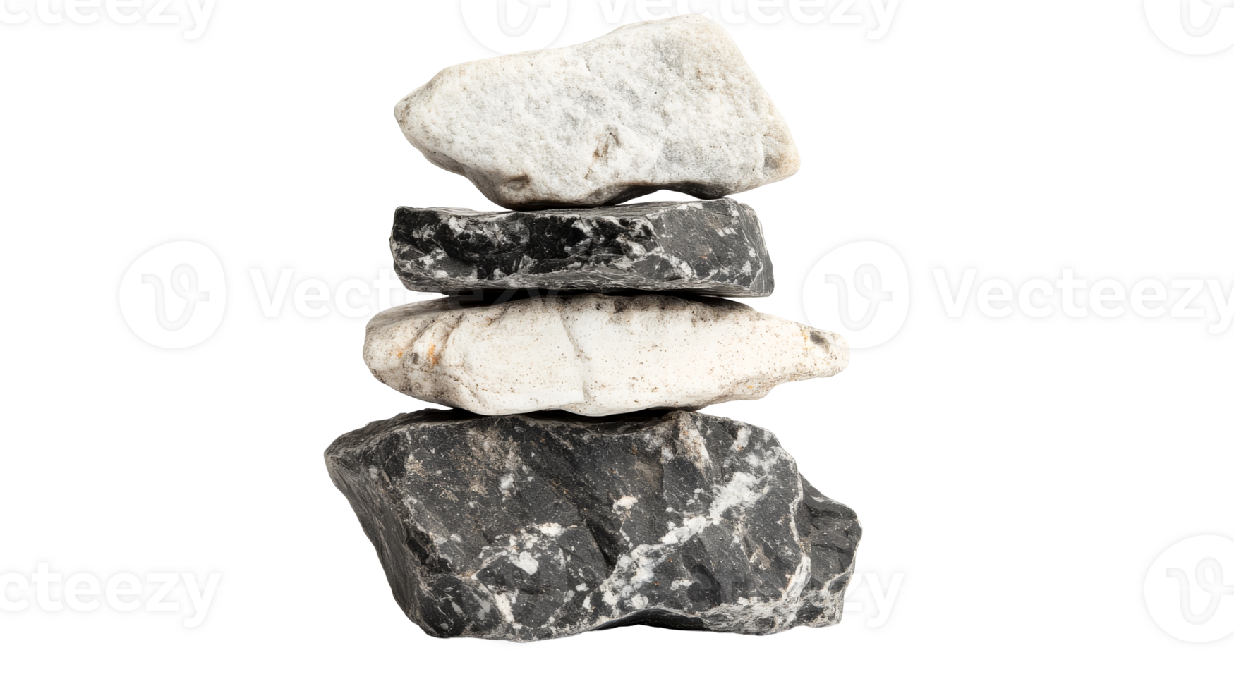 Four colorful rocks stacked on a transparent background png