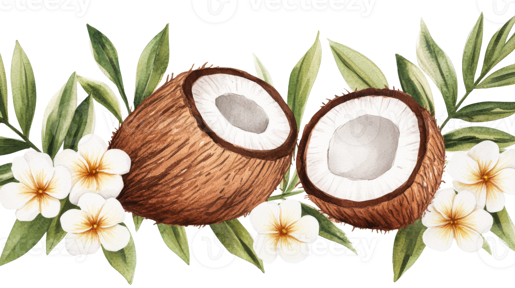 Coconuts with flowers and leaves on transparent background png