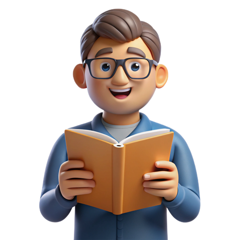 stunning creative Man with glasses, reading a book, professional png