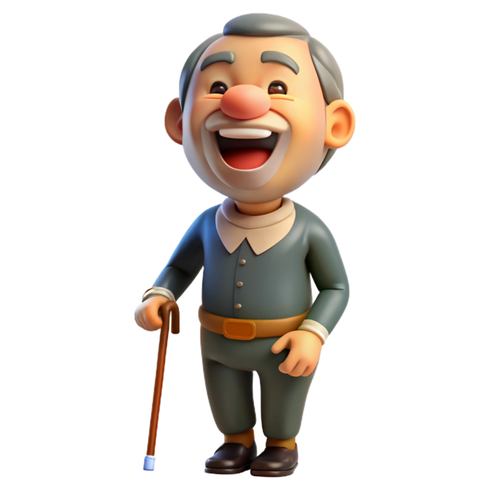 elegant minimalist Laughing elderly man with a cane, premium png