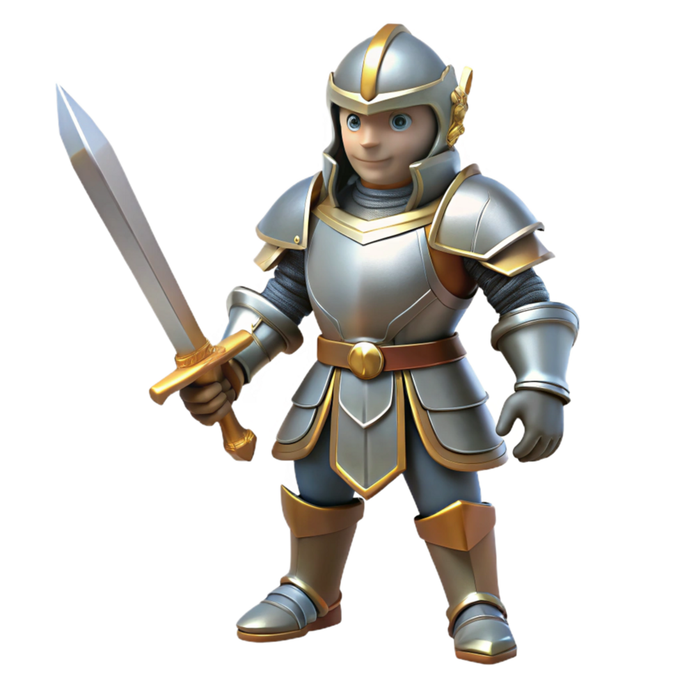 serene vintage A courageous knight, in full plate armor, brandishing a sword high quality png