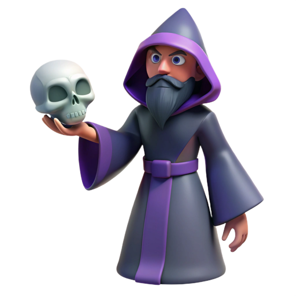 magnificent artistic A mysterious sorcerer, holding a skull professional png