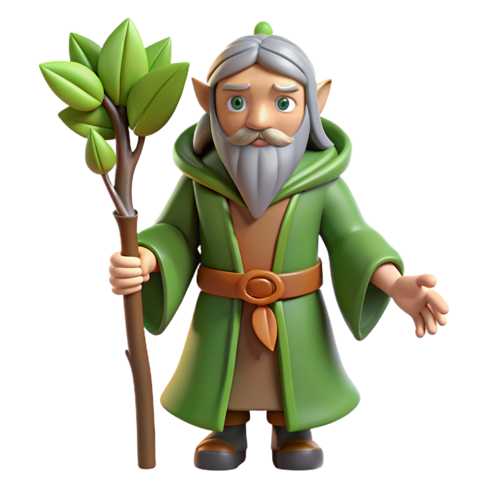 vibrant contemporary A wise druid, holding a staff with leaves high resolution png