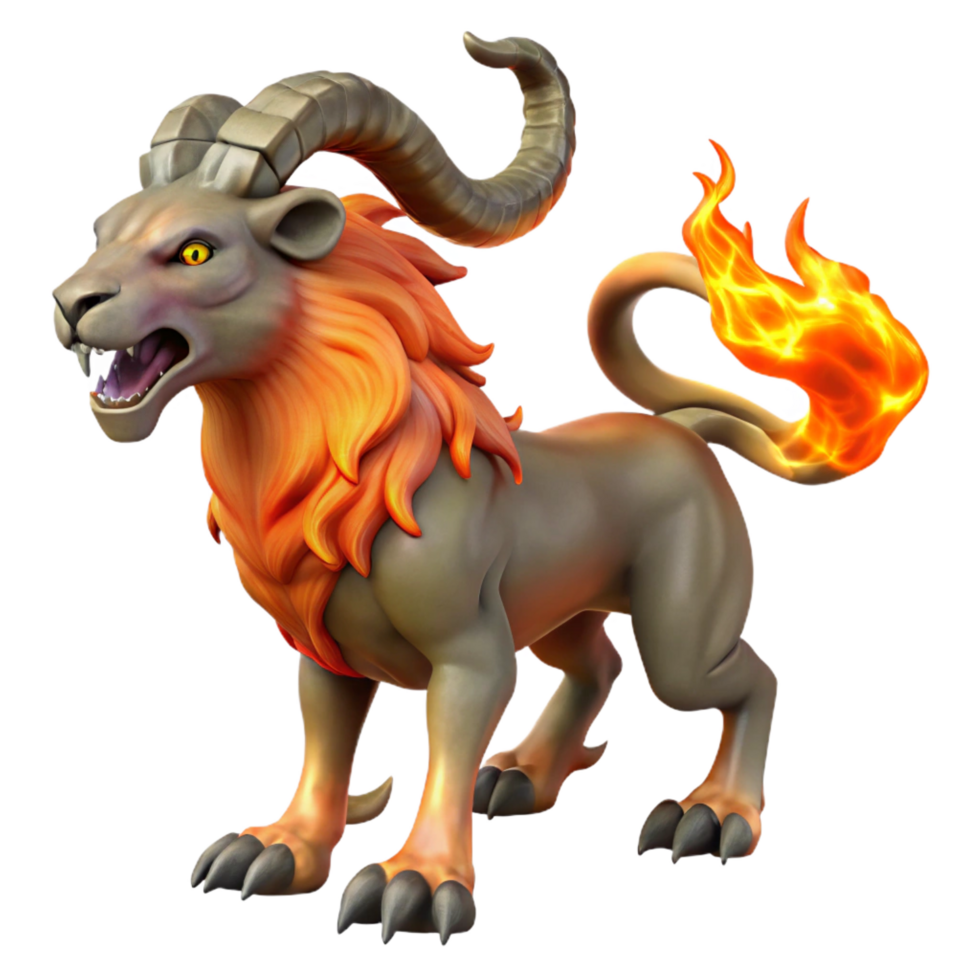 beautiful classic Chimera, fire-breathing monster, goat, lion, snake, detailed png