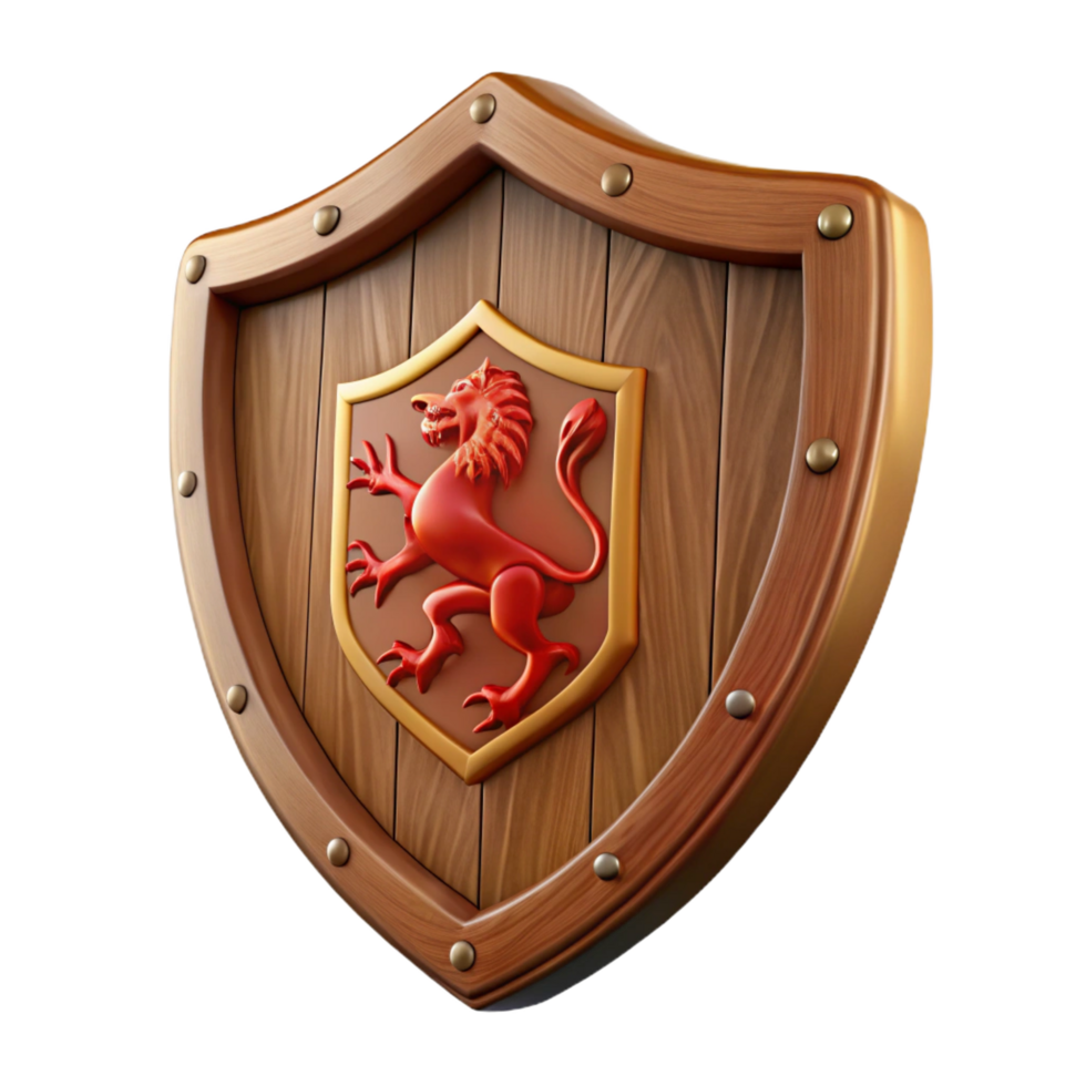 serene artistic A wooden shield, emblazoned with a lion rampant 4K png