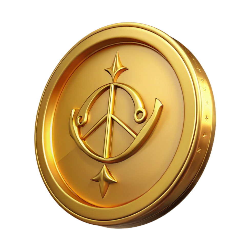 elegant creative A single, ancient gold coin with intricate elven script high quality png