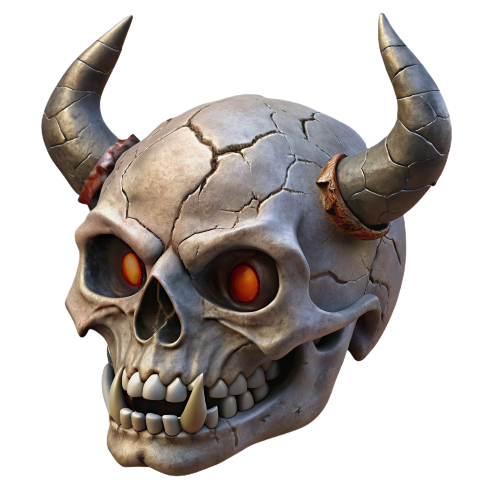 dramatic minimalist A horned demon skull, cracked and weathered high quality png