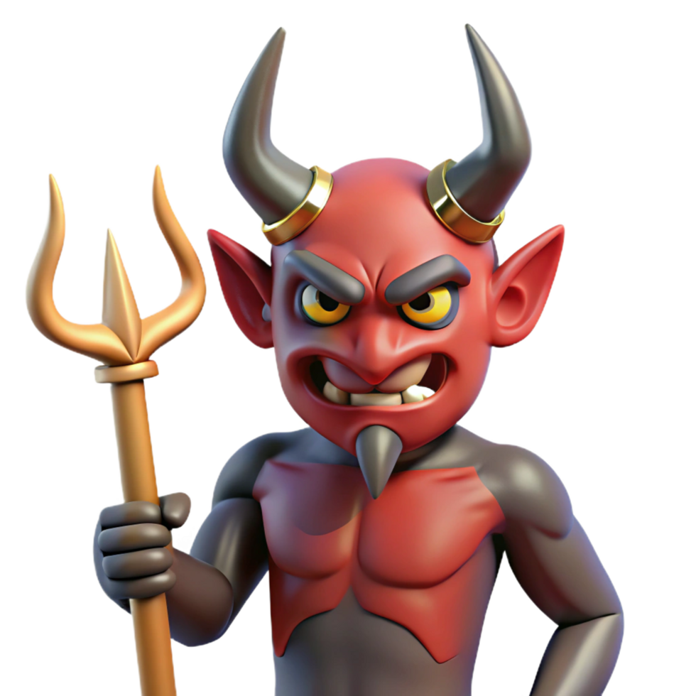 dramatic artistic A horned demon, holding a trident, menacing gaze, detailed png